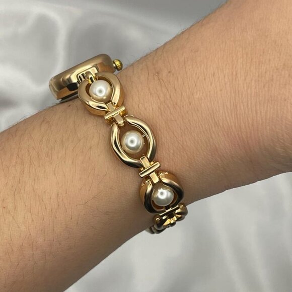 Women's Dainty Gold and White Pearl Bracelet Watch - Picture 4 of 7